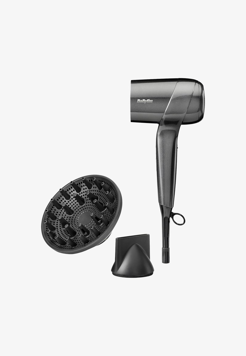 Sèche-cheveux noir BaByliss avec diffuseur et embouts concentrateurs sur fond blanc.
