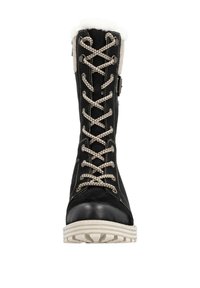 Black lace-up boot featuring a suede upper, faux fur collar, and a durable white rubber sole with a textured grip. Silvery hardware accents.