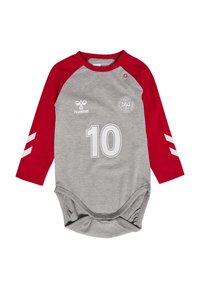 Szary bodysuit z długim rękawem i czerwonymi rękawami, posiada nadrukowany numer "10" oraz logo z przodu. Wykonany z elastycznej bawełny, z zapięciem na zatrzask na dole.