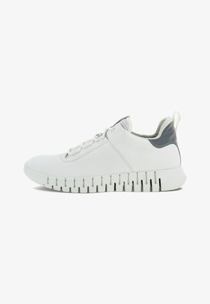White sneaker with a smooth leather upper, textured gray accents, a ribbed rubber sole, and lace-up design. Features a pull tab at the heel.
