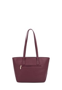 Sac fourre-tout bordeaux avec deux longues poignées, fabriqué en matériau synthétique texturé. Il dispose d'une poche zippée, d'une forme rectangulaire et d'un design minimaliste.