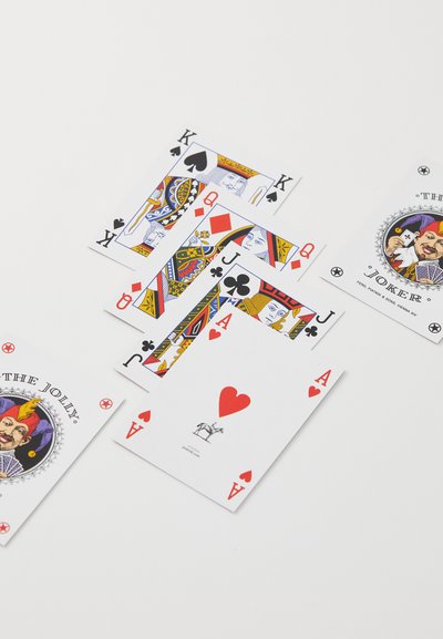 Playing cards featuring colorful illustrations. Includes Kings, Queens, Jacks, and an Ace of Hearts. Joker card design with a jester.