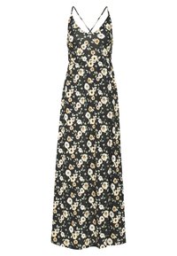 Robe longue noire à fleurs avec des bretelles fines croisées et des fleurs blanches et beiges accompagnées de feuilles vertes.