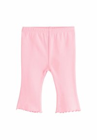 Rózsaszín pamut leggings, testhezálló sziluettel, harang alakú szegéllyel és fodros szélekkel. Rugalmas derékpánt a kényelmes illeszkedés érdekében.