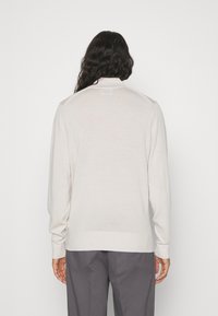 Pullover lungo beige chiaro a maniche lunghe con una morbida texture, dotato di un colletto e polsini a costine, e orlo dritto. Vista posteriore mostrata.
