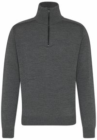 Harmaa neulepaita, jossa on korkea kaulus, puolivetoketjusuljenta ja resorireunukset hihoissa. Yksinkertainen muotoilu, tasainen pinta ja tasainen väritys.