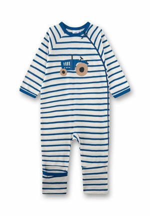 Tutina per baby a righe bianche e blu con maniche lunghe, rifiniture blu, cerniera diagonale e grafica di un trattore blu e beige sul petto.