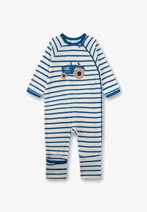 Grenouillère pour bébé à rayures blanches et bleues, à manches longues, avec bordure bleue, fermeture éclair diagonale, et un motif de tracteur bleu et beige sur la poitrine.