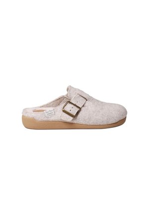 Lyst grå uldslipper med en blød tekstur, der har en sidebuckle og en tan gummisål. Åben bagdesign for nem påklædning.