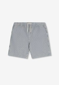 Un maillot de bain rayé en marine et blanc, fait en tissu léger. Il possède une taille élastique avec un cordon de serrage pour un ajustement ajustable.