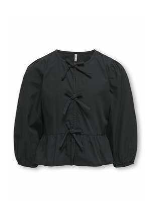 Blouse noire en coton, avec un col rond, des manches bouffantes, un bas en peplum et trois liens en tissu à l'avant.