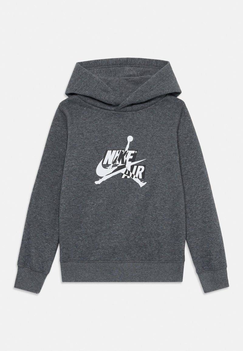 Felpa grigia con cappuccio realizzata in materiale morbido, con un logo grafico bianco che presenta la scritta "NIKE AIR" e una figura in silhouette che salta sul davanti.