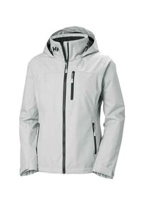 Water-resistant light grey jacket with hood, featuring black zippers, two front pockets, and adjustable cuffs for a secure fit.
