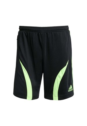 Juodi sportiniai šortai su žaliais kreivais šonų juostelėmis, elastinga juosmens juosta, dviem šoniniais kišenėmis ir Adidas logotipu apatinėje dešinėje pus�ėje.