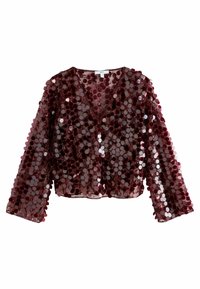 Burgundy sheer blouse embellished with overlapping round sequins, featuring a V-neckline and long sleeves. Cropped design with delicate texture.