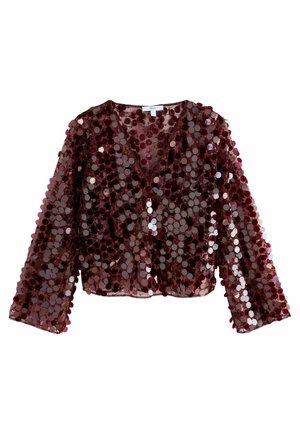 Burgunderfarbene, transparente Bluse mit übereinanderliegenden runden Pailletten, ausgestattet mit einem V-Ausschnitt und langen Ärmeln. Kurz geschnittenes Design mit zarter Textur.