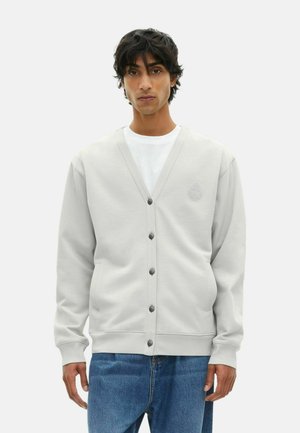 Jonge man gekleed in een lichtgrijze knooptrui over een wit shirt en blauwe jeans, staand tegen een effen witte achtergrond.