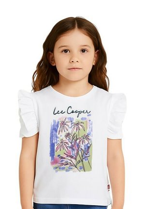 T-shirt blanc à manches courtes bouffantes, avec une illustration florale en rose, violet et vert, et le texte « Lee Cooper ».