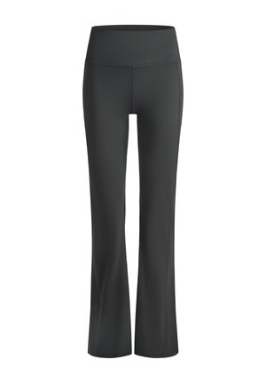 High-waisted, dark gray, full-length yoga pants with a wide waistband and slightly flared legs.