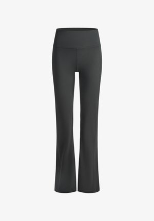 High-waisted, dark gray, full-length yoga pants with a wide waistband and slightly flared legs.