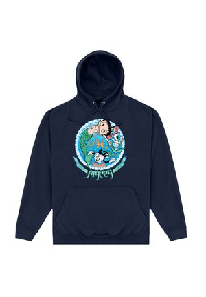 Marineblaues Kapuzensweatshirt mit einem Grafikdesign einer Meerjungfrau und Symbolen, die gegen ein kreisförmiges Muster mit Akzenten und Wolken projiziert sind. Mit Fronttasche.