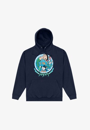 Sudadera con capucha de color azul marino que presenta un gráfico de una sirena y símbolos proyectados sobre un diseño circular con acentos y nubes. Bolsillo delantero.