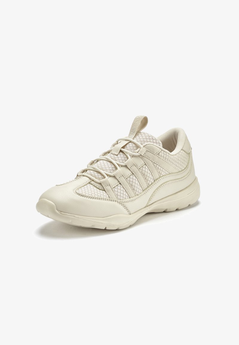 Beige Sportschuh mit einem Obermaterial aus Mesh, elastischen Schnürsenkeln und einer Gummisohle. Verfügt über ein strukturiertes Paneel-Design und eine Fersenschlaufe.