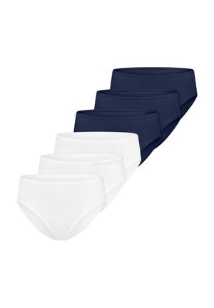 Drei weiße und drei marineblaue Damen-Slips, angeordnet in zwei diagonalen Reihen auf weißem Hintergrund.