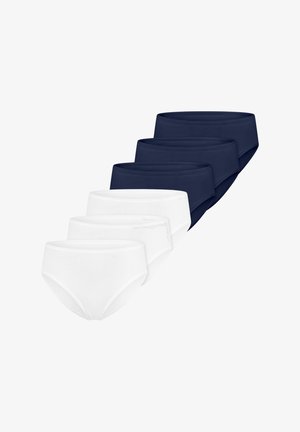 Drei weiße und drei marineblaue Damen-Slips, angeordnet in zwei diagonalen Reihen auf weißem Hintergrund.