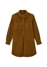 Robe chemise en velours côtelé jaune moutarde avec un col, fermeture par boutons sur le devant, deux poches poitrine et manches longues avec poignets boutonnés.