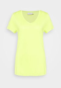 T-shirt V-neck giallo neon realizzata in morbido tessuto, con maniche corte e una vestibilità comoda. Presenta un'etichetta sul colletto.
