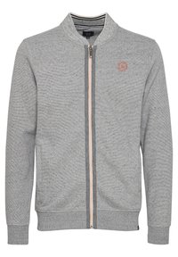 Grauer Reißverschluss-Sweatshirt mit Stehkragen, gerippten Bündchen und Saum. Verfügt über einen leichten Reißverschluss und ein kleines Logo auf der Brust. Weicher Stoff.