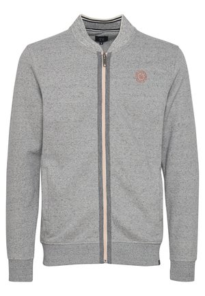 Sudadera gris con cremallera y cuello alto, puños y dobladillo acanalados. Cuenta con una cremallera ligera y un pequeño logo en el pecho. Textura suave.