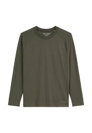 Langärmliges, olivgrünes T-Shirt aus leichtem Stoff. Mit Rundhalsausschnitt und gerippten Bündchen, das eine einfache, glatte Textur zeigt.