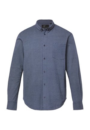 Langemouwen shirt in een blauw-wit geometrisch patroon, gemaakt van stof met een gladde textuur, voorzien van een button-down kraag en een borstzak.
