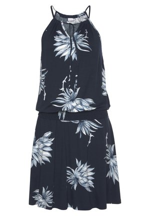 Robe sans manches bleu marine à imprimé floral tropical blanc et gris, col halter avec lien, et taille élastique.
