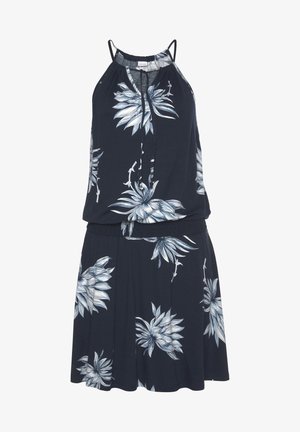 Granatowa sukienka bez rękawów z białym i szarym tropikalnym kwiatowym wzorem, z odkrytymi ramionami i wiązaniem przy szyi oraz elastycznym paskiem w talii.