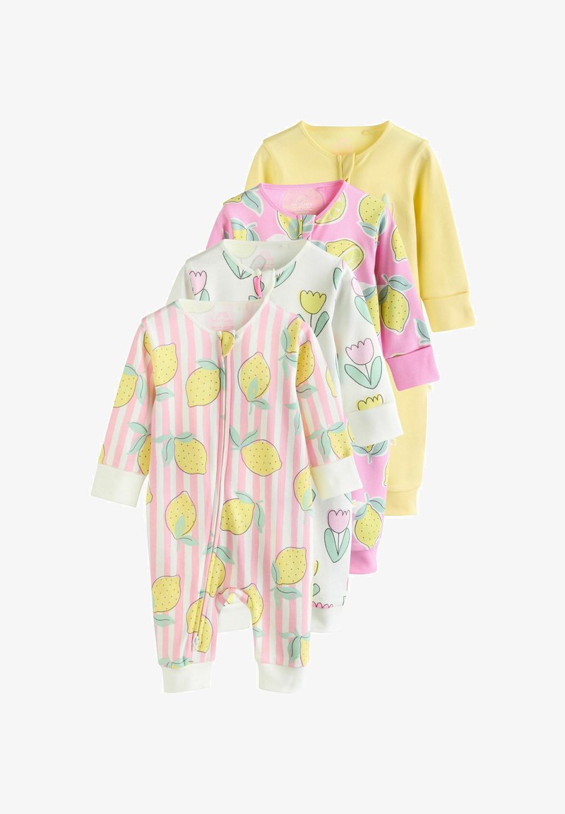 Quattro body per neonati a manica lunga, uno giallo tinta unita, uno rosa con limoni, uno bianco con tulipani e uno rosa a righe con limoni, tutti con cerniera frontale.