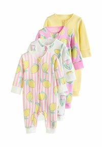 Set di quattro body per neonati in morbido cotone. Le caratteristiche includono motivi di limoni e tulipani, colori pastello e maniche lunghe con orli a costina.