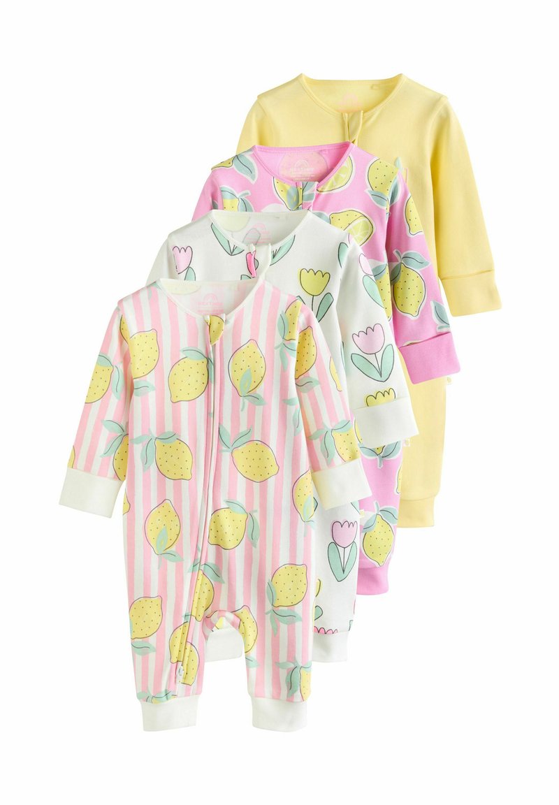 Set di quattro body per neonati in morbido cotone. Le caratteristiche includono motivi di limoni e tulipani, colori pastello e maniche lunghe con orli a costina.