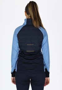 Light blue and navy jacket, with a quilted back, a high collar, and gold accents. Smooth texture with fitted sleeves and practical design.