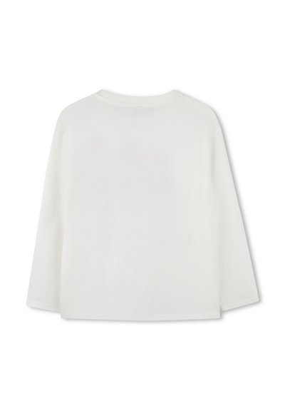 Camicia bianca a maniche lunghe in cotone, con scollo rotondo e vestibilità comoda. Tessuto liscio senza grafiche o motivi visibili.