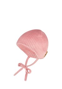 Pink ribbed baby hat with chin straps tied in a bow, made of soft fabric, displayed against a white background.