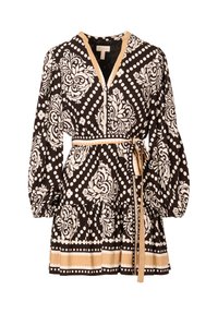 Schwarz-weiß gemustertes Kleid mit langen Puffärmeln, V-Ausschnitt, Reißverschluss, tailliert und beigefarbenen Akzenten sowie Saumdetails.