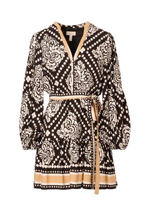 Schwarz-weiß gemustertes Kleid mit langen Puffärmeln, V-Ausschnitt, Reißverschluss, tailliert und beigefarbenen Akzenten sowie Saumdetails.