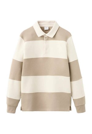 Pruhované polo tričko v béžovej a krémovej farbe s golierom, dlhými rukávmi, zapínaním na gombíky a bočnými rozparkami na leme pre jednoduchší pohyb.