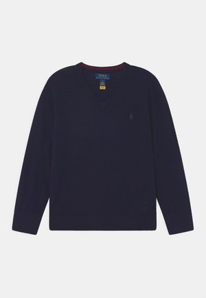 Marineblå V-hals langærmet sweater med Polo Ralph Lauren-label og lille broderet logo på brystet.
