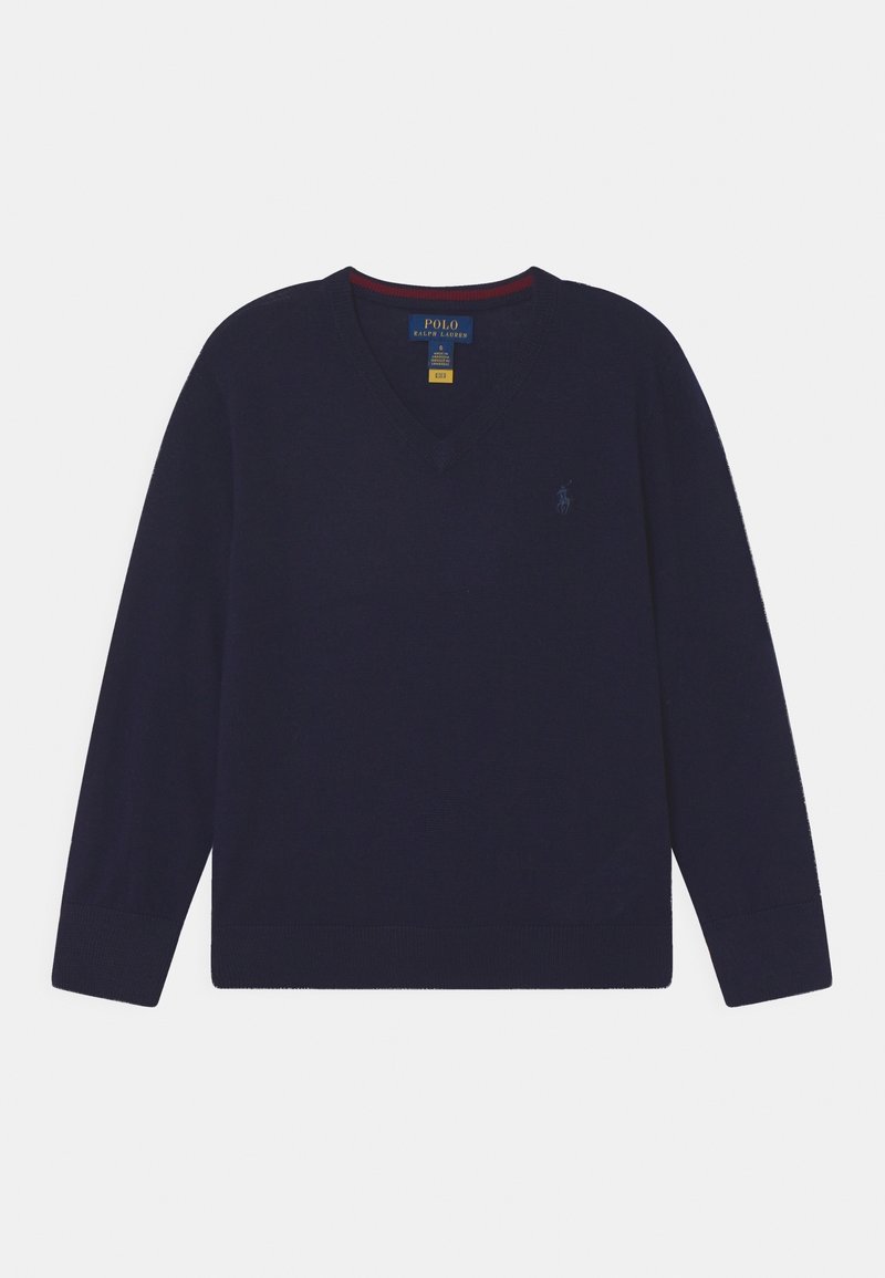 Pull bleu marine à col en V et manches longues avec étiquette Polo Ralph Lauren et petit logo brodé sur la poitrine.