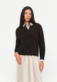 Cardigan marrone scuro con scollatura a V, bottoni frontali e maniche lunghe. Indossato sopra una camicia chiara con colletto. Tessuto morbido e testurizzato.