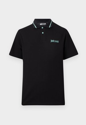 Camiseta polo negra de manga corta con detalles turquesa en el cuello y los botones, con el logo "Just Cavalli" en el pecho y en el interior del cuello.